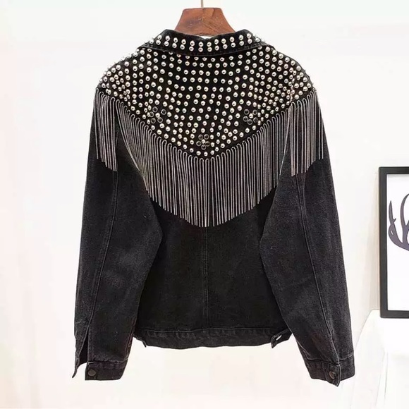 SOLD OUT Black Oversized Studded Chain Fringe Denim Jacket - Picture 8 of 8